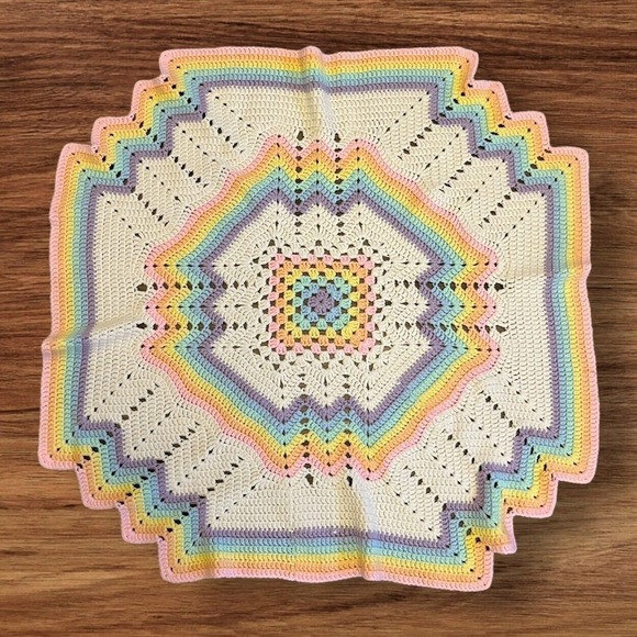 Handmade Other - Handmade Pastel Rainbow Unisex Baby Blanket Crochet Square White Hexagon EUC